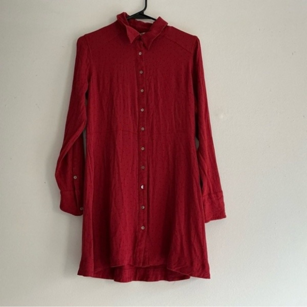 Red Button-Front Long Shirt Dress